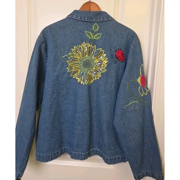 Vtg 90s Tantrums Ladybug Sunflower‎ Denim Shacket Embroidered Beads Sequins Sz M - Picture 7 of 16